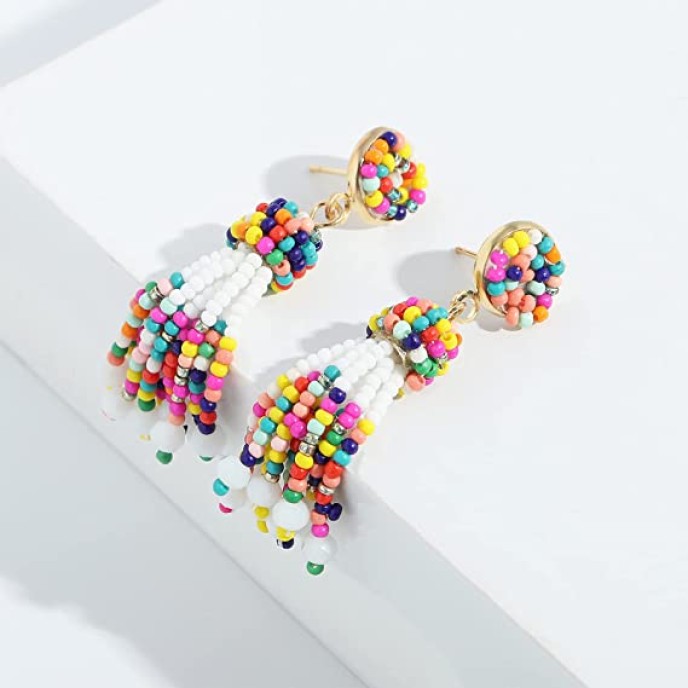Handmade Multicolored Seed Bead Bohemian Tassel Dangle Earrings 5Pairs Handmade Multicolored Seed Bead Bohemian Tassel Dangle Earrings 5Pairs