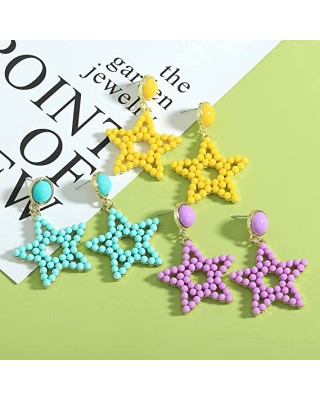 3 Pairs Colorful Gold Plated Star Beaded Dangle Earrings