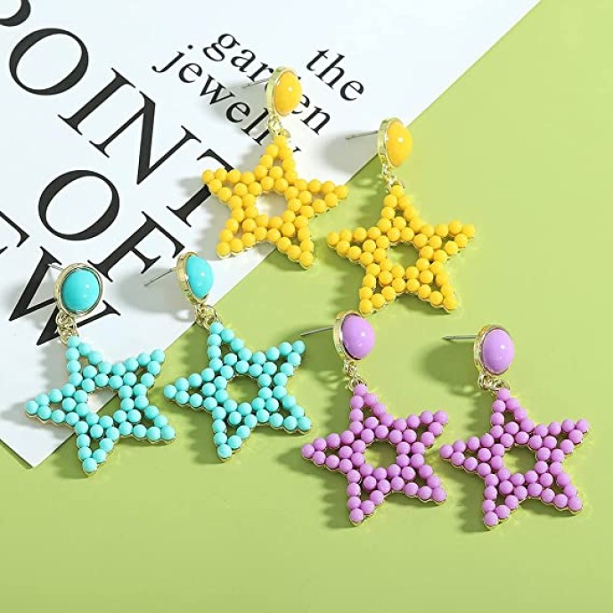 3 Pairs Colorful Gold Plated Star Beaded Dangle Earrings 3 Pairs Colorful Gold Plated Star Beaded Dangle Earrings