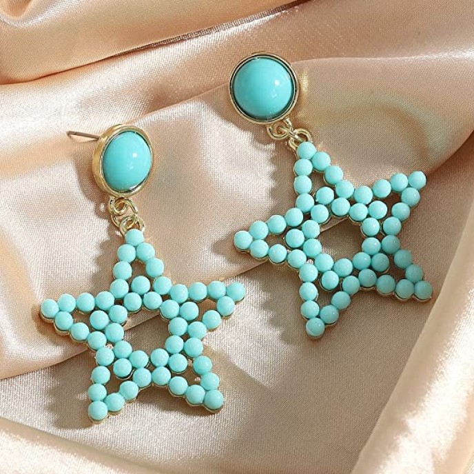 3 Pairs Colorful Gold Plated Star Beaded Dangle Earrings 3 Pairs Colorful Gold Plated Star Beaded Dangle Earrings