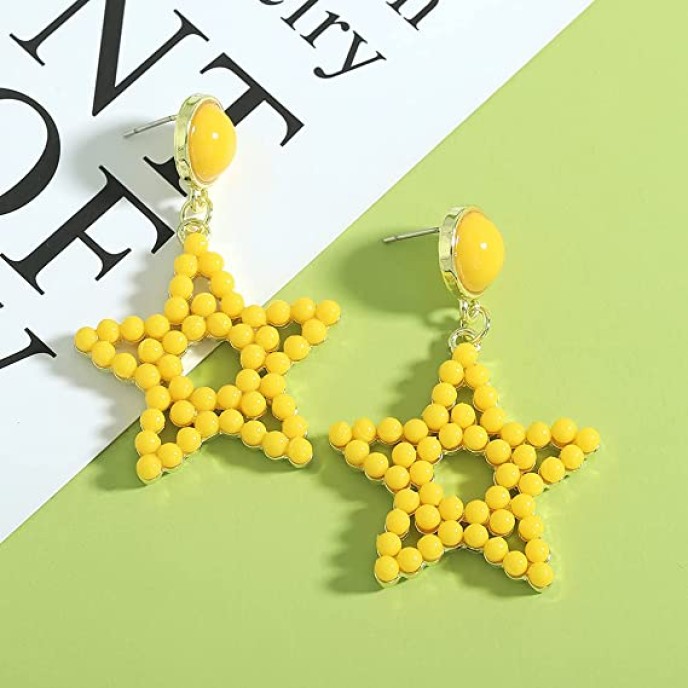 3 Pairs Colorful Gold Plated Star Beaded Dangle Earrings 3 Pairs Colorful Gold Plated Star Beaded Dangle Earrings