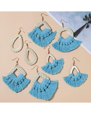 8 Pairs Rattan Earrings Lightweight Bohemian Handmade Statement Tassel Earrings