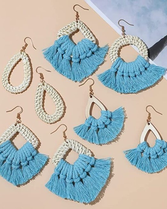 8 Pairs Rattan Earrings Lightweight Bohemian Handmade Statement Tassel Earrings