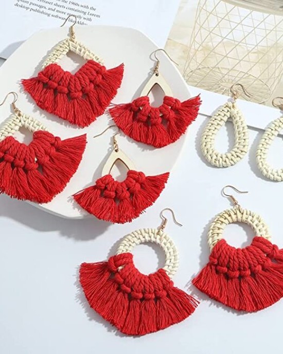 8 Pairs Rattan Earrings Lightweight Bohemian Handmade Statement Tassel Earrings