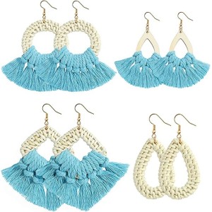 8 Pairs Rattan Earrings Lightweight Bohemian Handmade Statement Tassel Earrings