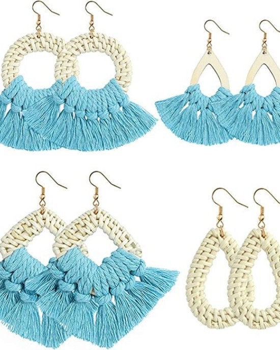 8 Pairs Rattan Earrings Lightweight Bohemian Handmade Statement Tassel Earrings