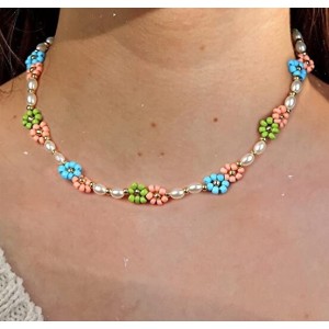 20 Pack Cute Handmade Colorful Faux Pearl Flower Boho Beaded Choker Necklace