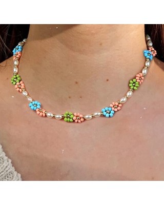 20 Pack Cute Handmade Colorful Faux Pearl Flower Boho Beaded Choker Necklace