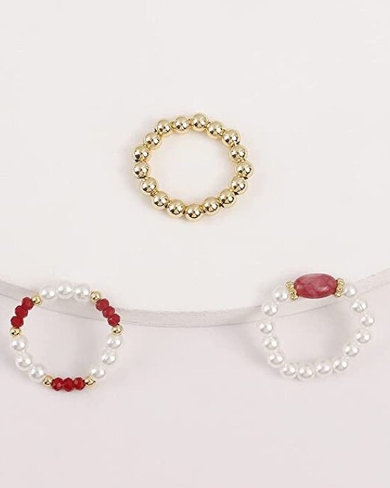 6 Pieces Pearls Crystal Rings Blue and Red