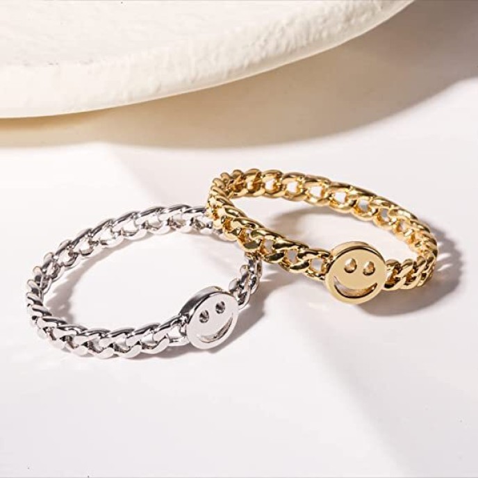 6Pcs Happy Face Stackable Ring with Cute Chain Link Band 6Pcs Happy Face Stackable Ring with Cute Chain Link Band