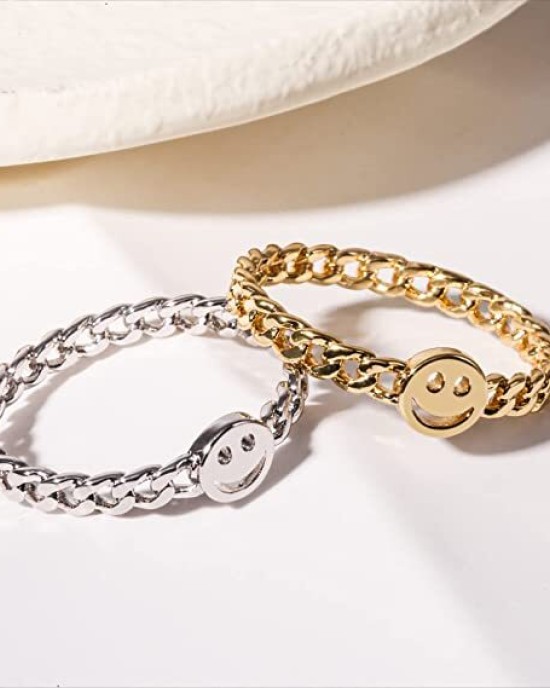 6Pcs Happy Face Stackable Ring with Cute Chain Link Band